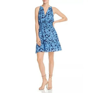 Parker Cambria Blue‎ Black V Neck Floral Print Smocked-Waist Silk Dress Sz S NWT
